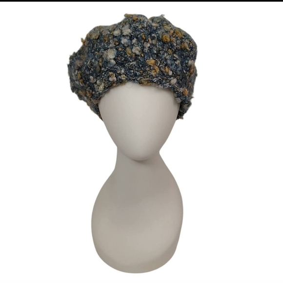 Vintage 80s Brown Crochet Beaded Beanie and Blue Nubby Knitted Beanie Hats 2 - Picture 5 of 6